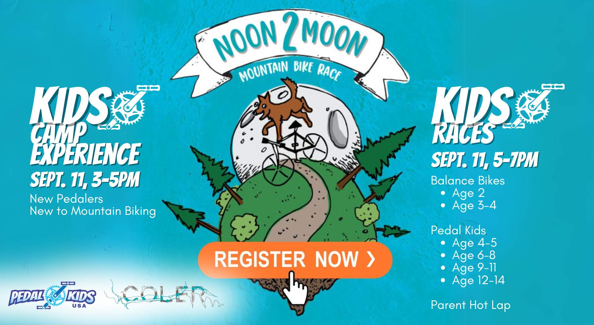Event poster for Noon 2 Moon Mountain Bike Race, featuring kids camp and races on Sept. 11, with details for age groups, balance bikes, activities, and a central Register Now button. Blue background with bike and moon graphics.