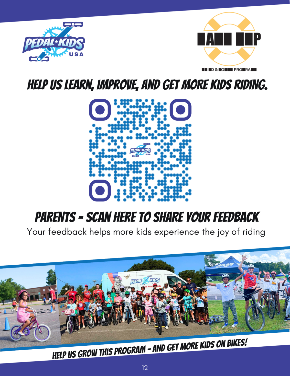 A flyer with a QR code for Pedal Kids USA feedback, photos of children on bikes, and messages encouraging parent participation and support for kids biking programs—plus information about accessing Pedal Kids Presenter Materials to help enhance your involvement.